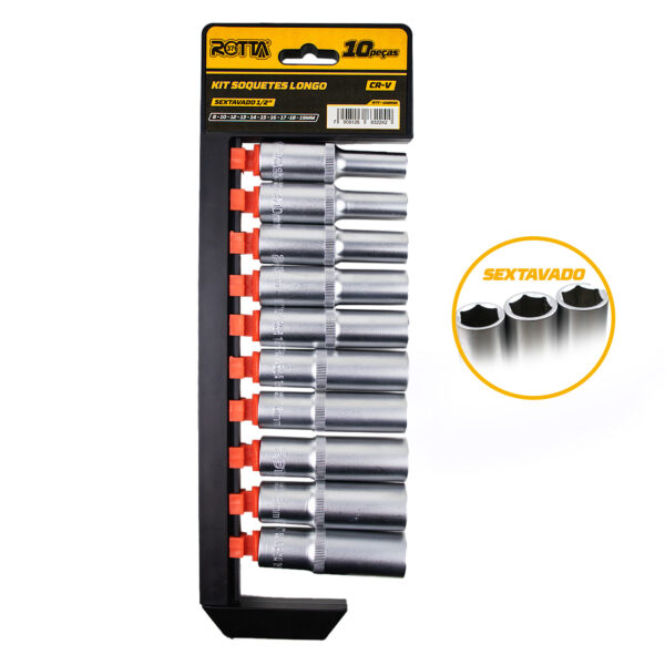 Jogo De Soquetes Longos Sextavado1/2" 10 PCS 8 A 19MM (8-10-12-13-14-15-16-17-18-19MM)