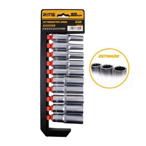 Jogo De Soquete Longos Estriado 1/2" 10 PCS 8 A 19MM  (8-10-12-13-14-15-16-17-18-19MM)