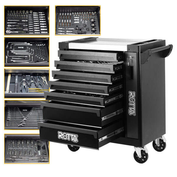 Carrinho com 262 ferramentas - 7 gavetas cinza com alça externa