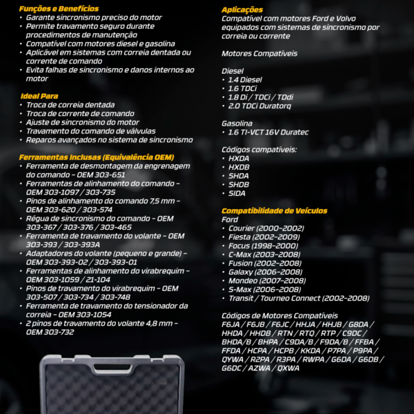 Kit Ferramentas 18Pcs De Sincronismo Dos Motores Ford Volvo
